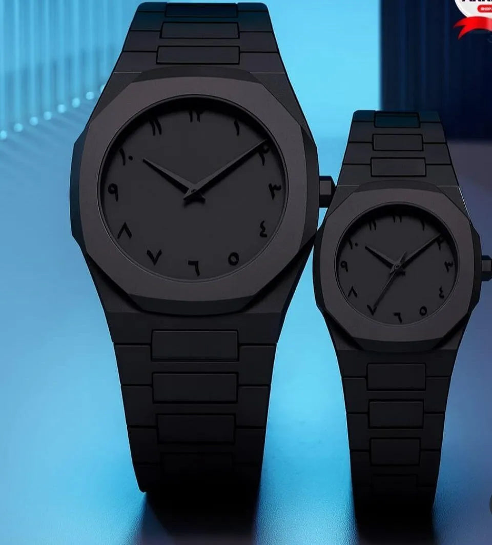 Black Carbon Fiber Couple Watches 2 Pcs Unisex Pure Black