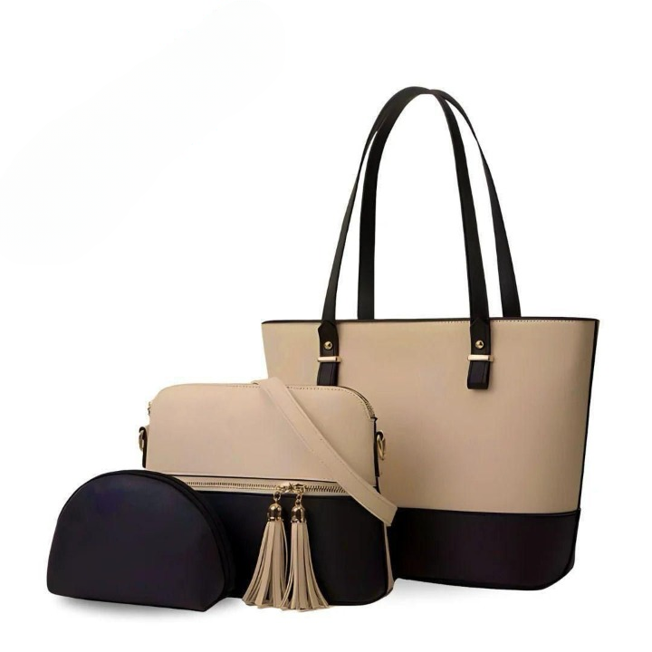 3 Piece Tote Handbag Elegant Design Premium Quality Smooth Finish Easy Carry For Daily Fashion Needs - Black and Skin