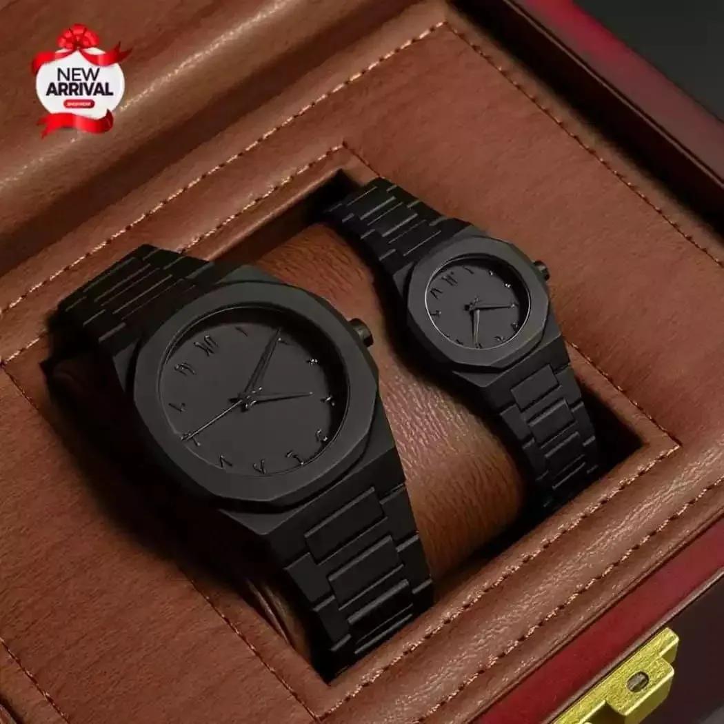 Black Carbon Fiber Couple Watches 2 Pcs Unisex Pure Black