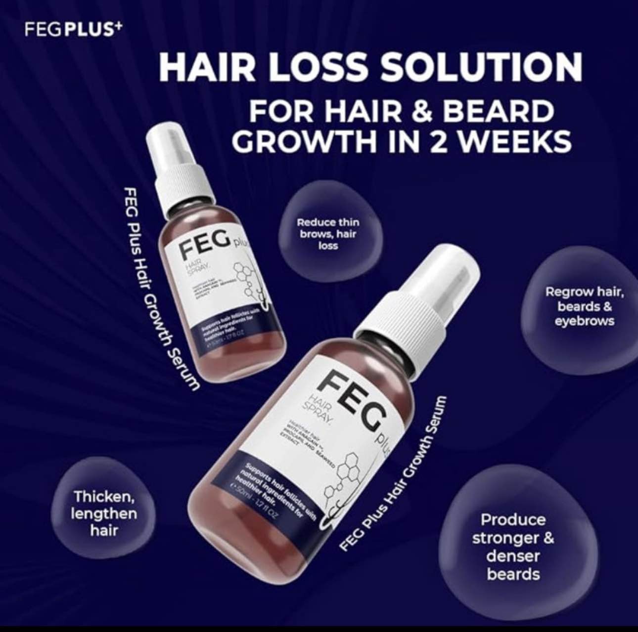 FEG PLUS Hair & Beard Regrowth Spray – Anti Hair Loss Formula with Minoxidil, Redensyl & Natural Extracts (50ml)( Free Delivery All Over Pakistan )